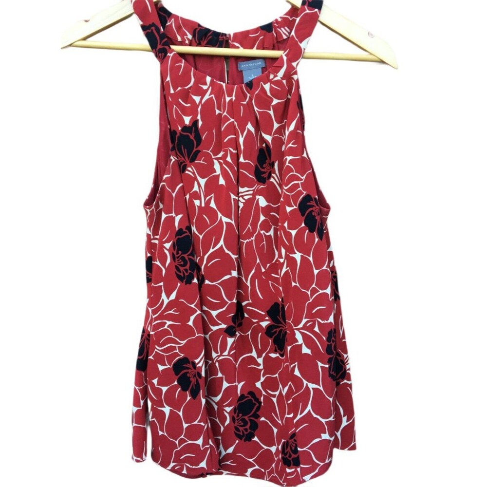 VTG Ann Taylor Silk Blouse Sz 8 Red Rose Print Sleeveless